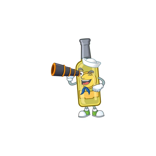 Obrázek Usmívající se šťastný Sailor šampaňské žlutá láhev s binokulární — Stockový vektor