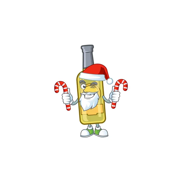 Champagner gelbe Flasche Cartoon-Figur in Santa Claus mit Süßigkeiten — Stockvektor