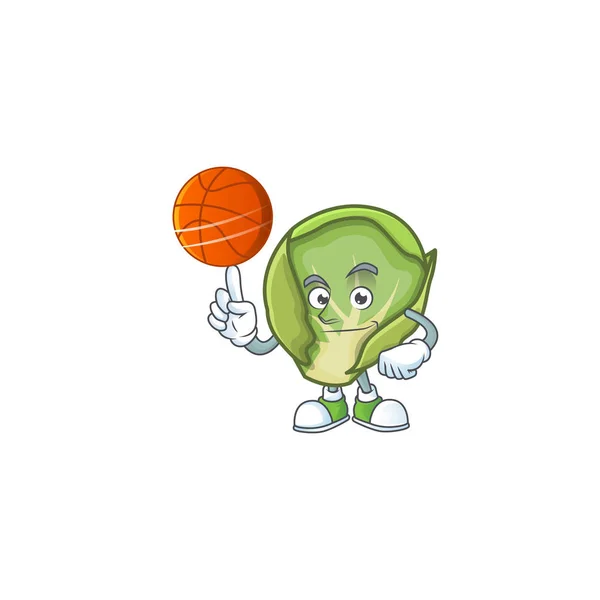 Cara feliz bruxelas brotos personagem dos desenhos animados jogando basquete — Vetor de Stock
