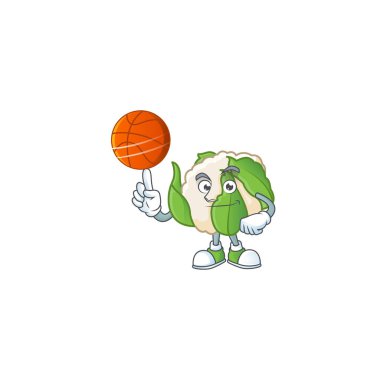 Mutlu yüz karnabahar çizgi film karakteri basketbol oynuyor