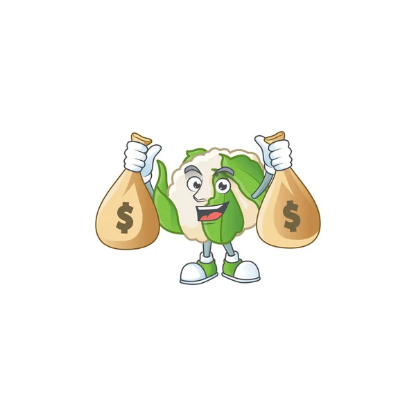 Happy cauliflower cartoon character with two money bags — Stock Vector