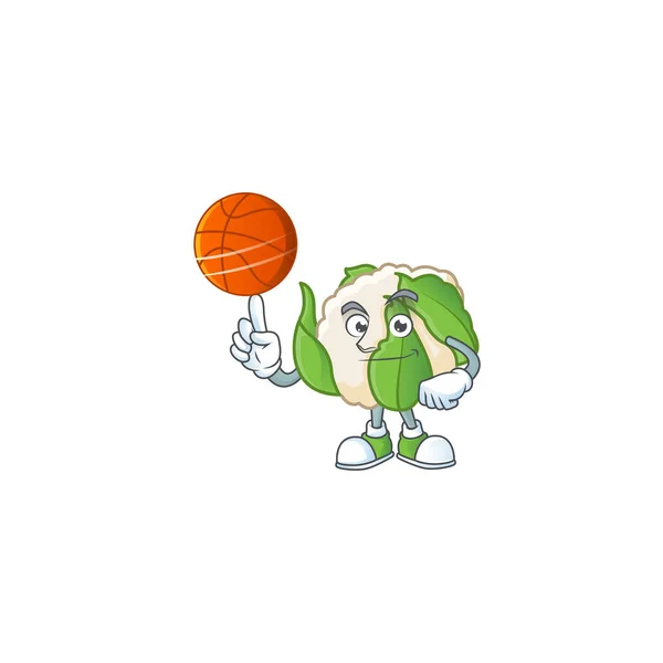 Cara feliz coliflor personaje de dibujos animados jugando baloncesto — Vector de stock