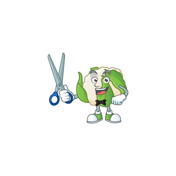 Sorriso barbiere cavolfiore mascotte cartone animato personaggio design — Vettoriale Stock