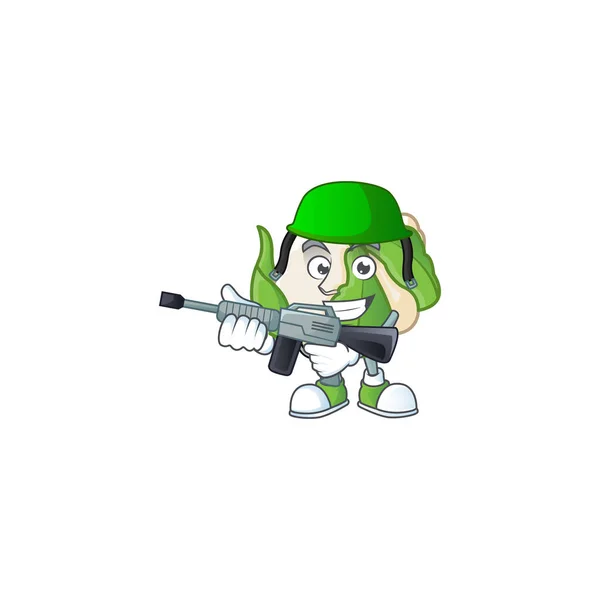 Une mascotte de chou-fleur comme une armée avec mitrailleuse — Image vectorielle