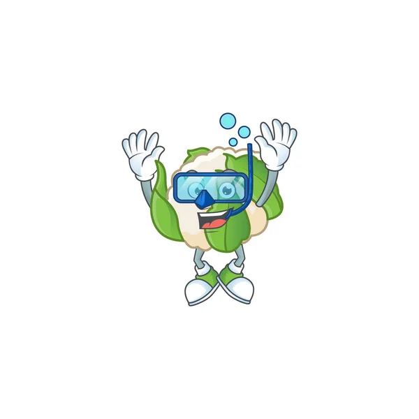 Diseño divertido de la mascota de la coliflor con gafas de buceo — Vector de stock