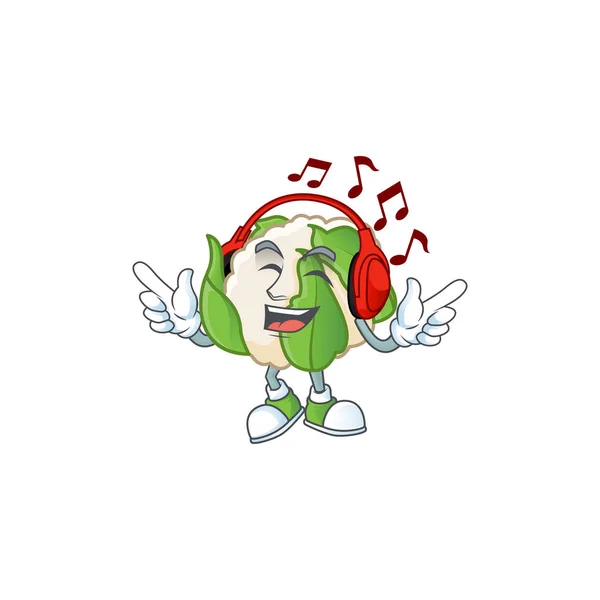Zingen en luisteren muziek bloemkool cartoon karakter — Stockvector