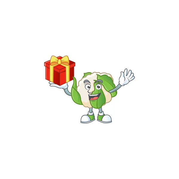 Personaje de dibujos animados de coliflor con una caja de regalo — Vector de stock