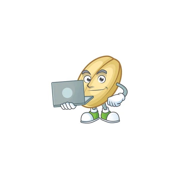 Smart split fagiolo personaggio dei cartoni animati che lavora con il computer portatile — Vettoriale Stock