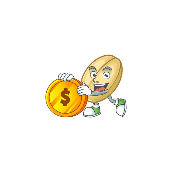 Cara feliz dividir feijão personagem de desenho animado com moeda de ouro — Vetor de Stock