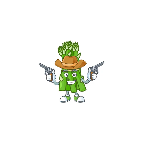 Smiling asparagus mascot icon as a Cowboy holding guns — Stock Vector