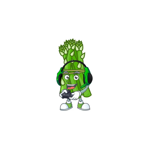 Ikon maskot asparagus dengan headphone dan kontroler - Stok Vektor