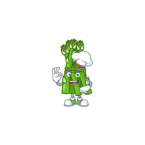 Smiley Buźka szef kuchni szparagi postać z białym kapeluszem — Wektor stockowy