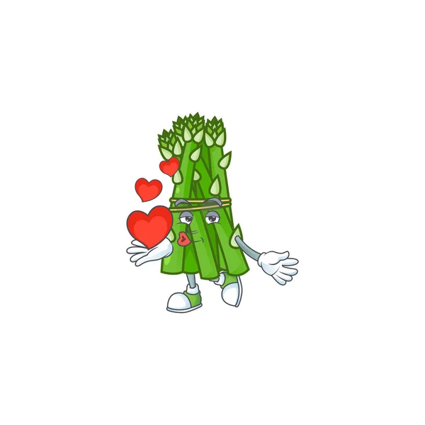 Bonne mascotte de personnage de dessin animé asperges avec coeur — Image vectorielle