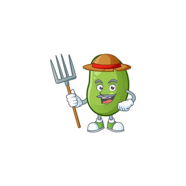 Mutlu çiftçi yeşil fasulye maskot şapkası ve aletleri ile