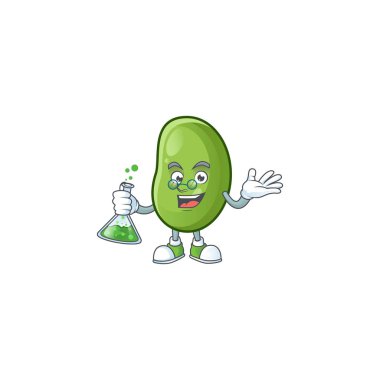 Zeki yeşil fasulye çizgi film karakteri elinde cam tüp tutuyor.