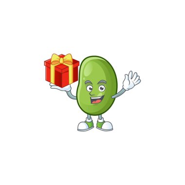 Yeşil fasulye çizgi film karakteri bir kutu hediyeyle