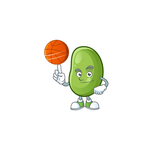 Cara feliz feijão verde personagem dos desenhos animados jogando basquete —  Vetores de Stock
