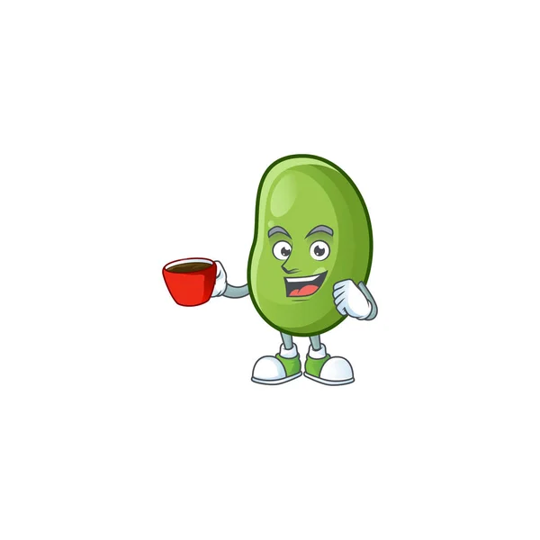 Bild von grünen Bohnen Charakter mit einer Tasse Kaffee — Stockvektor
