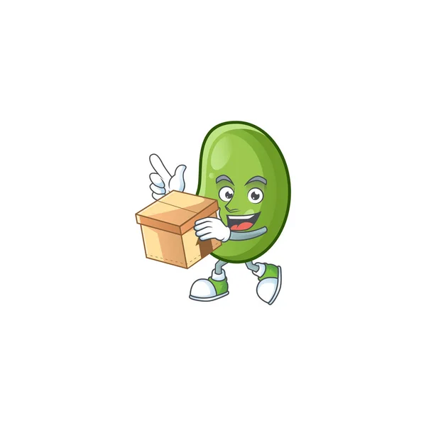 Niedlichen grünen Bohnen Cartoon-Charakter Stil hält eine Schachtel — Stockvektor