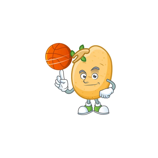 Happy face sprouted potato tuber cartoon character playing basketball — Stock Vector