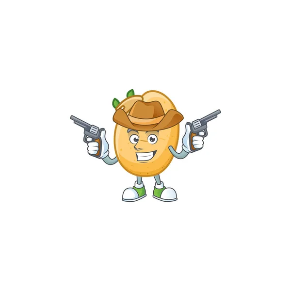Glimlachende gekiemde aardappel knol mascotte pictogram als een Cowboy met geweren — Stockvector