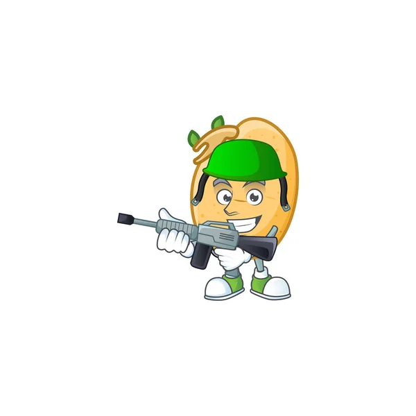 A mascot of sprouted potato tuber as an Army with machine gun — Stock Vector