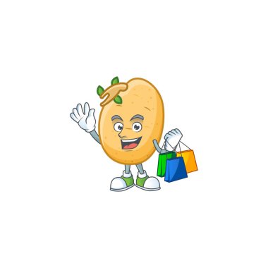 Neşeli filizlenmiş patates yumrusu maskotu el sallıyor ve alışveriş torbaları tutuyor.