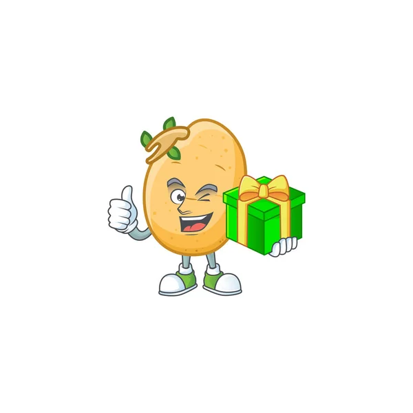 Kreslená postava šťastně naklíčeného bramborového hlízy s dárkovou krabičkou — Stockový vektor
