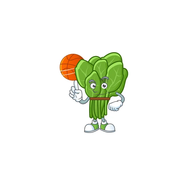 Cara feliz espinafre personagem dos desenhos animados jogando basquete — Vetor de Stock