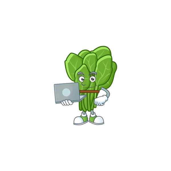 Smart épinards personnage de bande dessinée de travail avec ordinateur portable — Image vectorielle