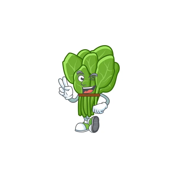 Gaya Spinach maskot kartun dengan dua jari - Stok Vektor