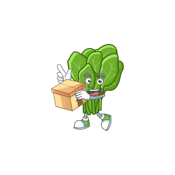Niedlichen Spinat Cartoon-Charakter Stil hält eine Schachtel — Stockvektor