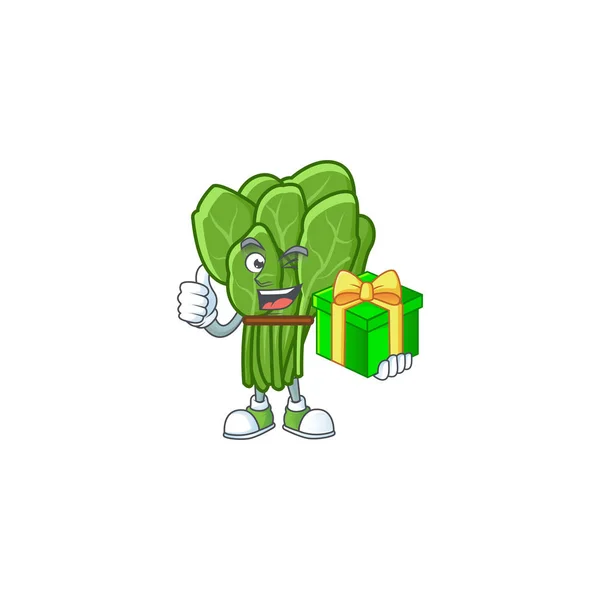 Karakter kartun dari bayam bahagia dengan kotak hadiah - Stok Vektor