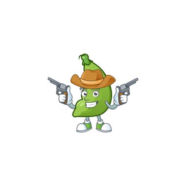 Gülen fasulye maskotu elinde silah tutan bir kovboy.
