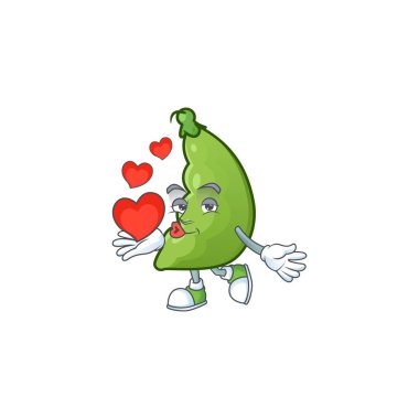 Mutlu fasulye çizgi film karakteri kalbi olan maskot.