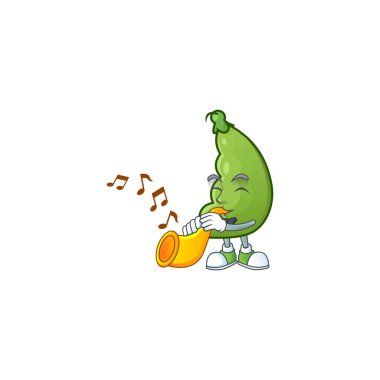 Neşeli geniş fasulye çizgi film karakteri trompetli