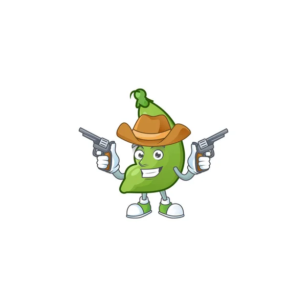 Sorrindo feijão largo ícone mascote como um cowboy segurando armas —  Vetores de Stock