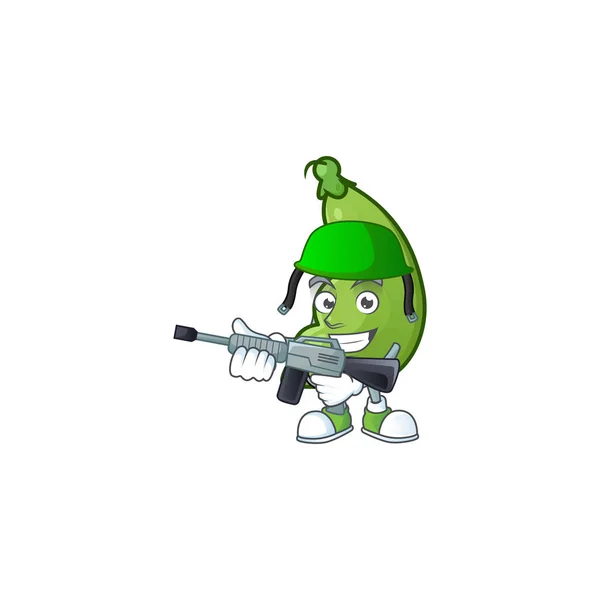 Une mascotte de fèves comme une armée avec mitrailleuse — Image vectorielle