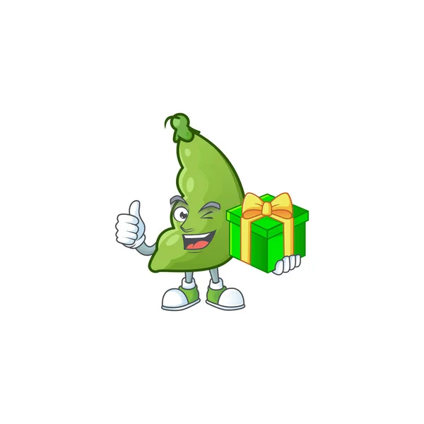 Karakter kartun dari kacang yang luas bahagia dengan kotak hadiah - Stok Vektor