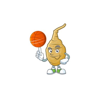 Mutlu yüz Kudüs enginar çizgi film karakteri basketbol oynuyor.