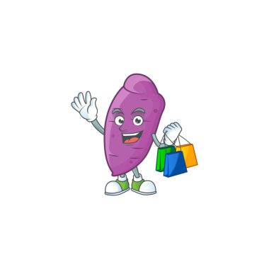 Neşeli Okinawa golf maskotu el sallıyor ve alışveriş torbaları tutuyor.