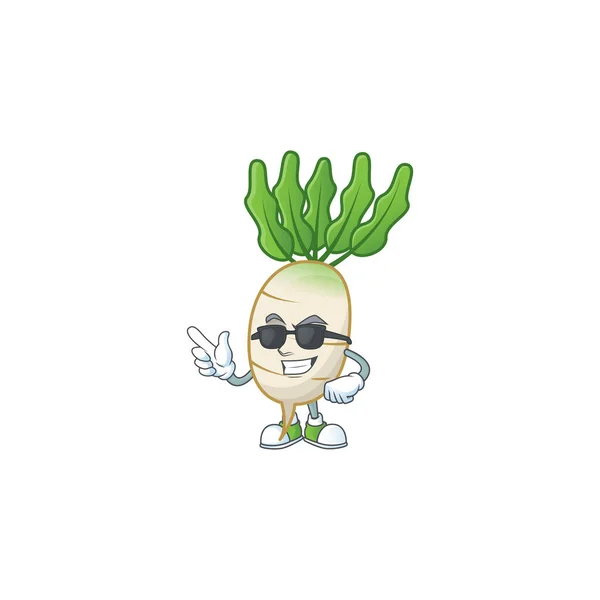 Cool y fresco personaje daikon con gafas negras — Vector de stock