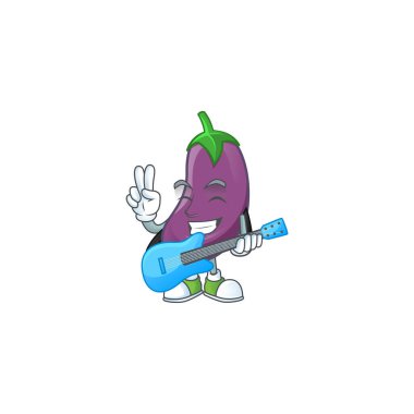 Gitarlı sevimli ve havalı patlıcan çizgi film karakteri performansı