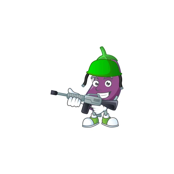 A mascot of eggplant as an Army with machine gun — Stock Vector