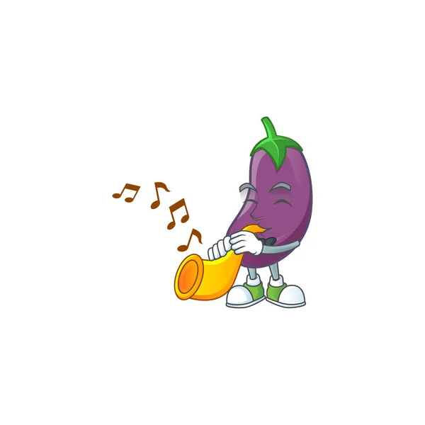 Joyeuse aubergine personnage de dessin animé performance avec trompette — Image vectorielle