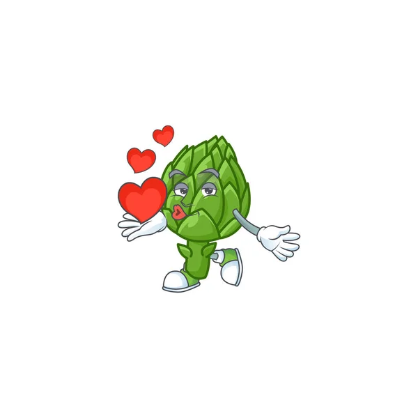 Feliz alcachofra personagem de desenho animado mascote com coração —  Vetores de Stock
