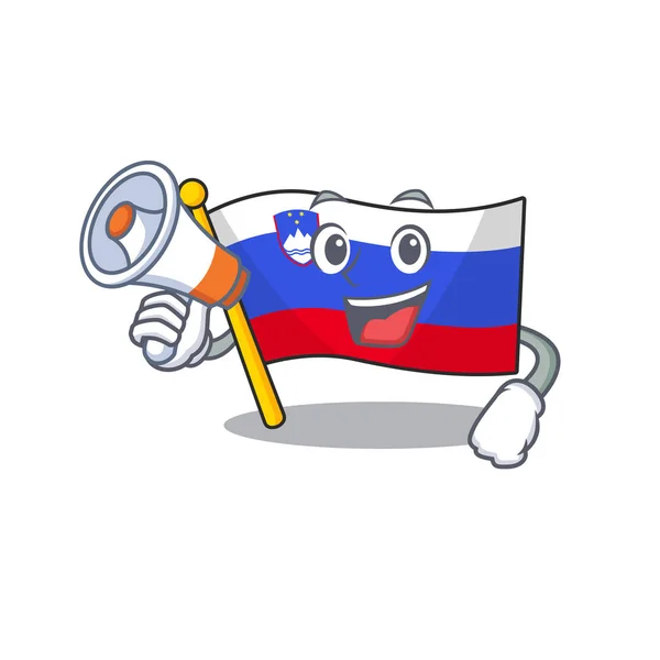슬로베니아의 마스코트를 들고 메가폰 만화 깃발을 들고 있는 모습 — 스톡 벡터