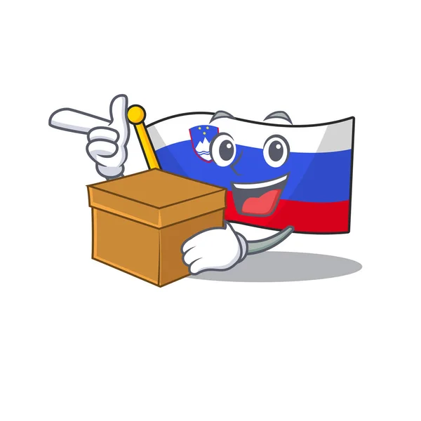 Bandera slovenia dibujos animados con con traer personaje de la caja — Vector de stock