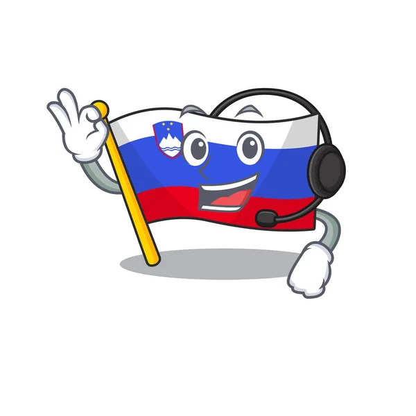 Bandera de la mascota slovenia con carácter de auriculares — Vector de stock