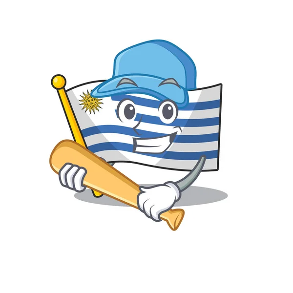 Jugar béisbol dibujos animados bandera uruguay en con la mascota — Vector de stock